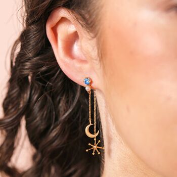 Blue Crystal And Pearl Celestial Drop Earrings In Gold, 3 of 3