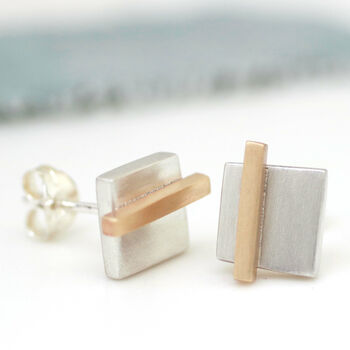 Geometric Earrings. Square Silver And 9ct Gold Studs, 4 of 11
