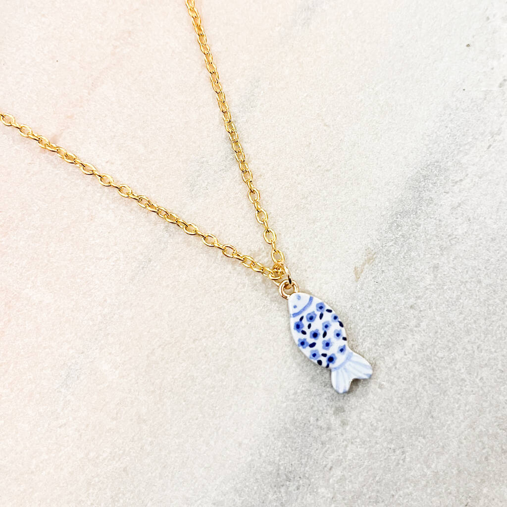 Delft Blue Spotty Fish Pendant Necklace