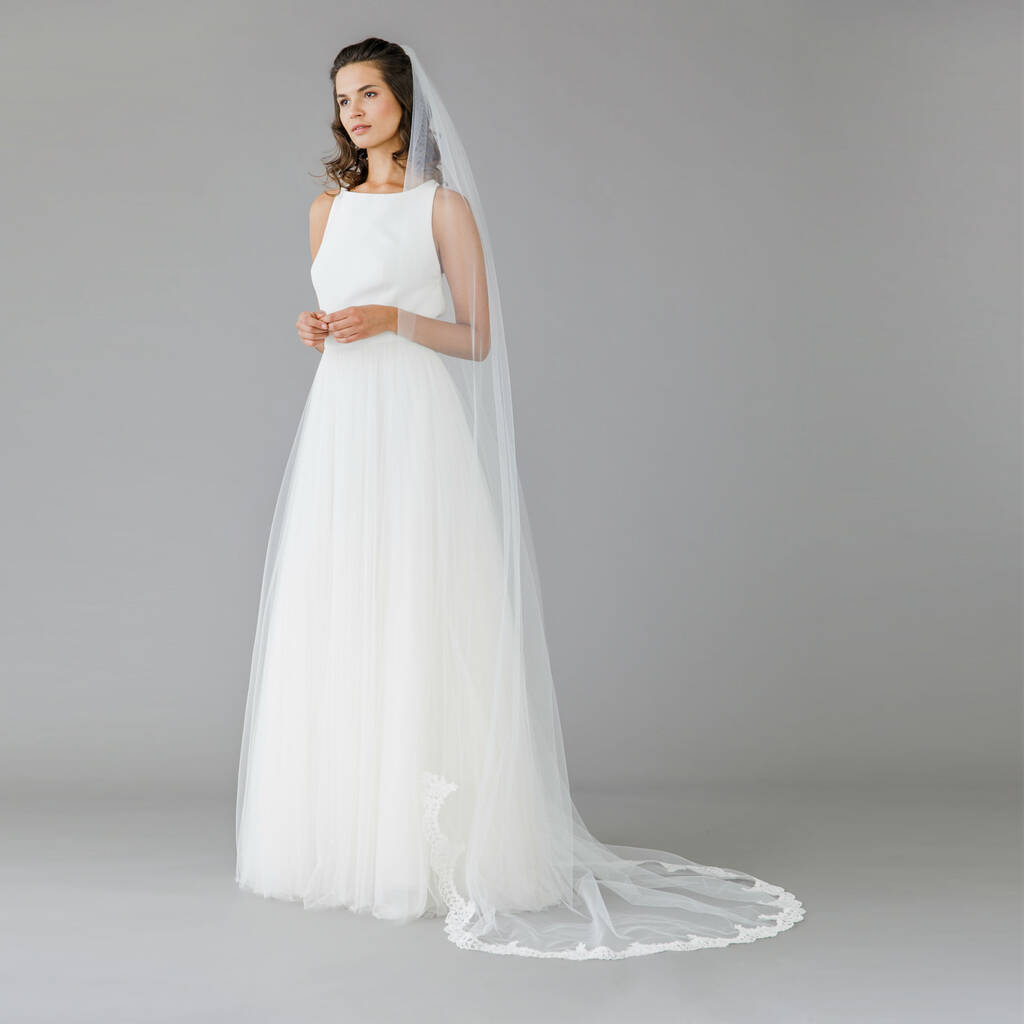 Single Tier Bridal Veil With Floral Lace Train, 1 of 7