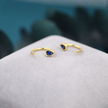 Sapphire Blue Cz Droplet Huggie Hoop Earrings, 4 of 12