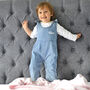 Personalised White Baby Gown With Denim Dungarees Set, thumbnail 6 of 12