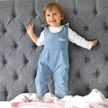 Personalised White Baby Gown With Denim Dungarees Set, 6 of 12