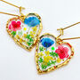 Real Blue Red Yellow Flowers Heart Drop Earrings Hand Made, thumbnail 1 of 8