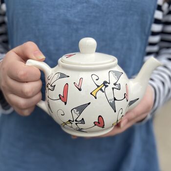 Personalised Hand Painted Seagull And Hearts Teapot, 2 of 4