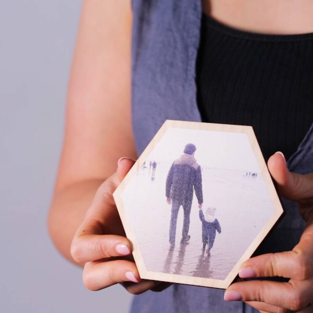 personalised photo wooden hexagon wall art set by create gift love