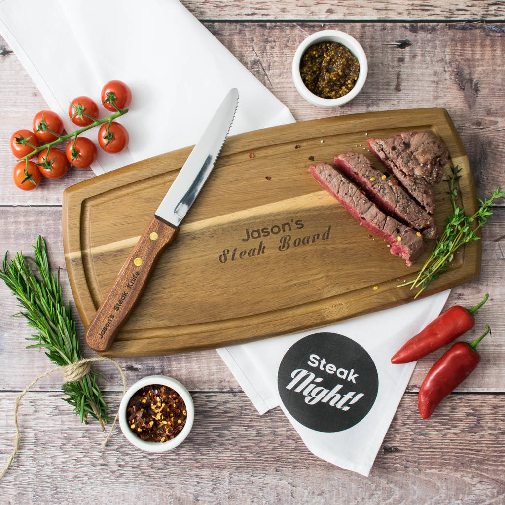 Steak Set, Personalised Board, Knife And Napkin By 3 Blonde Bears