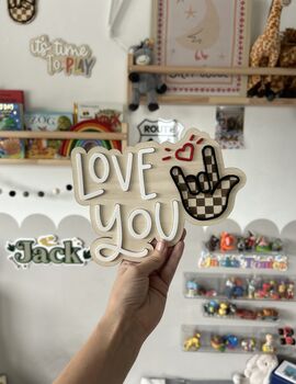 Wooden Playroom Love You Sign Language Sign Asl, Bsl Children’s Bedroom Playroom Decor Montessori Pretend Play Accessory, 2 of 3