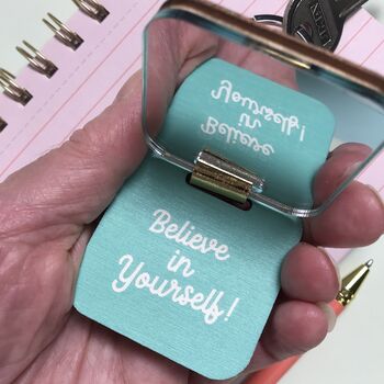 Pink And Teal Mirror Keyring And Uplifting Note, 3 of 3