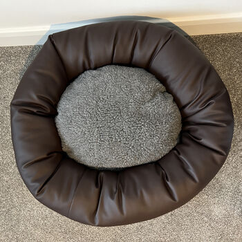 Vegan Leather Donut Dog Bed With Sherpa Fleece Cushion, 6 of 12