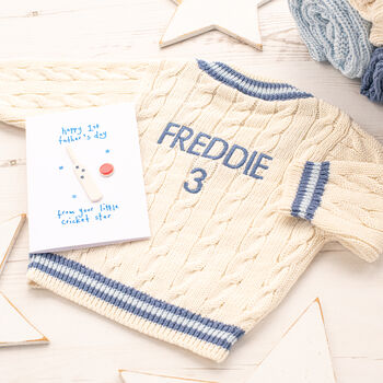 Personalised Back Baby Cricket Jumper For First Fathers Day, 2 of 12
