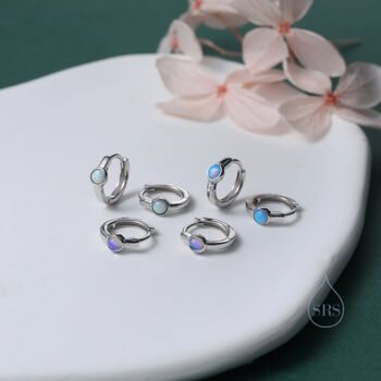Blue Opal Dot Huggie Hoop Earrings Sterling Silver, 9 of 12