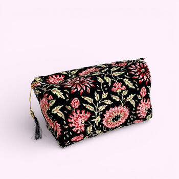 Black And Pink Floral Block Print Cotton Washbag, Make Up Bag, 3 of 4