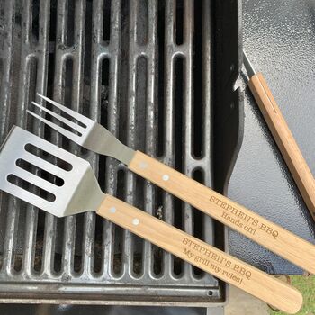 Personalised 'My Grill, My Rules' Wooden BBQ Set, 2 of 3