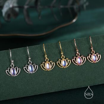Sterling Silver Lotus Flower Drop Hook Earrings With Lab Moonstone, 2 of 11