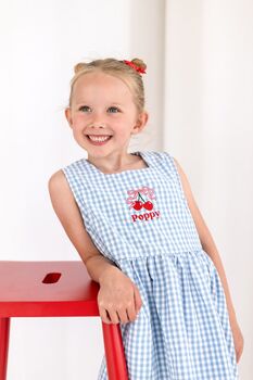 Blue Gingham Embroidered Personalised Cherry Smock Dress, 2 of 7