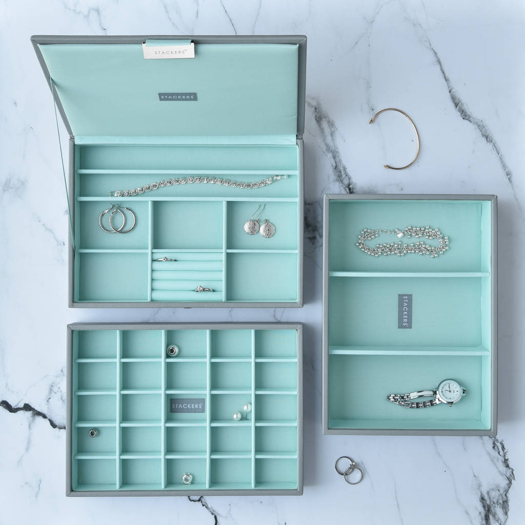 dove grey with mint classic jewellery box by stackers