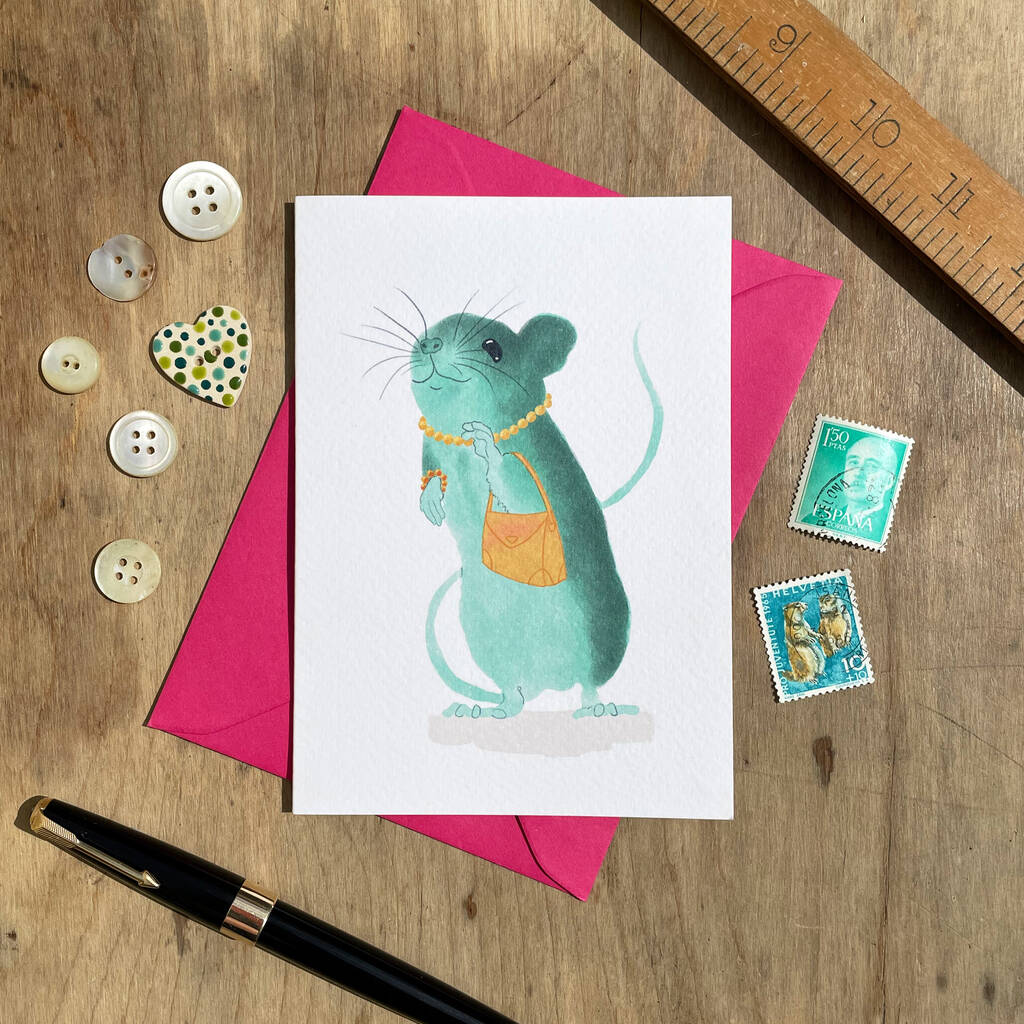 Teal Field Mouse Illustrated Blank Greeting Card, 1 of 12