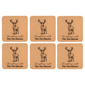 Set Of Six Personalised Stag Square Cork Coasters, 3 of 3