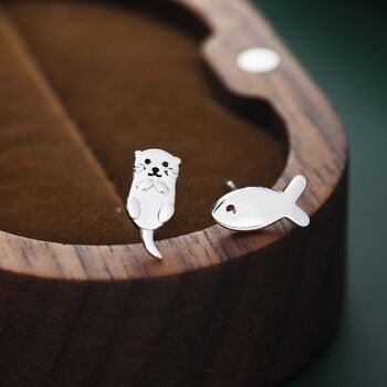 Sterling Silver Mismatched Otter And Fish Stud Earrings, 3 of 12