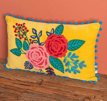 Saffron Yellow Floral Embroidered Cotton Velvet Cushion, 3 of 7