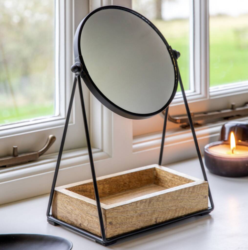 Black Vanity Mirror With Wooden Tray Shelve, 1 of 3