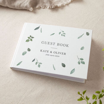 Watercolour Leaves Scattered Personalised Wedding Guest Book, 2 of 3