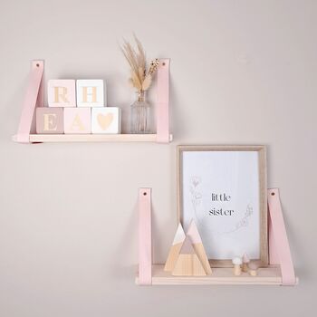 Wooden Nursery Shelf Pair With Pink Cotton Brackets, 2 of 9