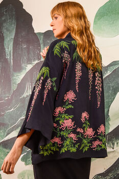 Wisteria And Chrysanthemum Black And Pink Embroidered Short Kimono, 2 of 7