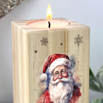 Personalised Any Message Traditional Santa Wooden Tea Light Holder 10cm H X Five.5cm W X Five.5cm D, 2 of 6