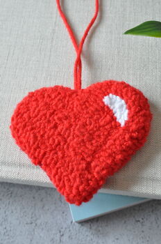 Red Heart Punch Needle Bag Charm And Car Mirror Hanging, 3 of 4
