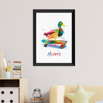 Personalised Watercolour Duck Skateboarding Print, 8 of 12