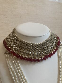 Indian Kundan Silver Maroon Pearl Mala Set, 9 of 9