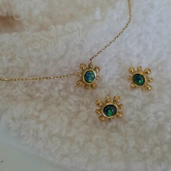 18k Gold Sunburst Australian Green Blue Opal Necklace And Stud Earrings Set, 2 of 12