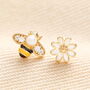 Asymmetrical Bee And Flower Stud Earrings In Gold, thumbnail 1 of 3