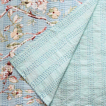 Floral Blue Kantha Quilt | Indian Throw | 150 X 230cm, 2 of 5