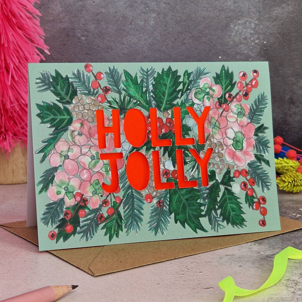 Holly Jolly Neon Floral Papercut Christmas Card, 1 of 9