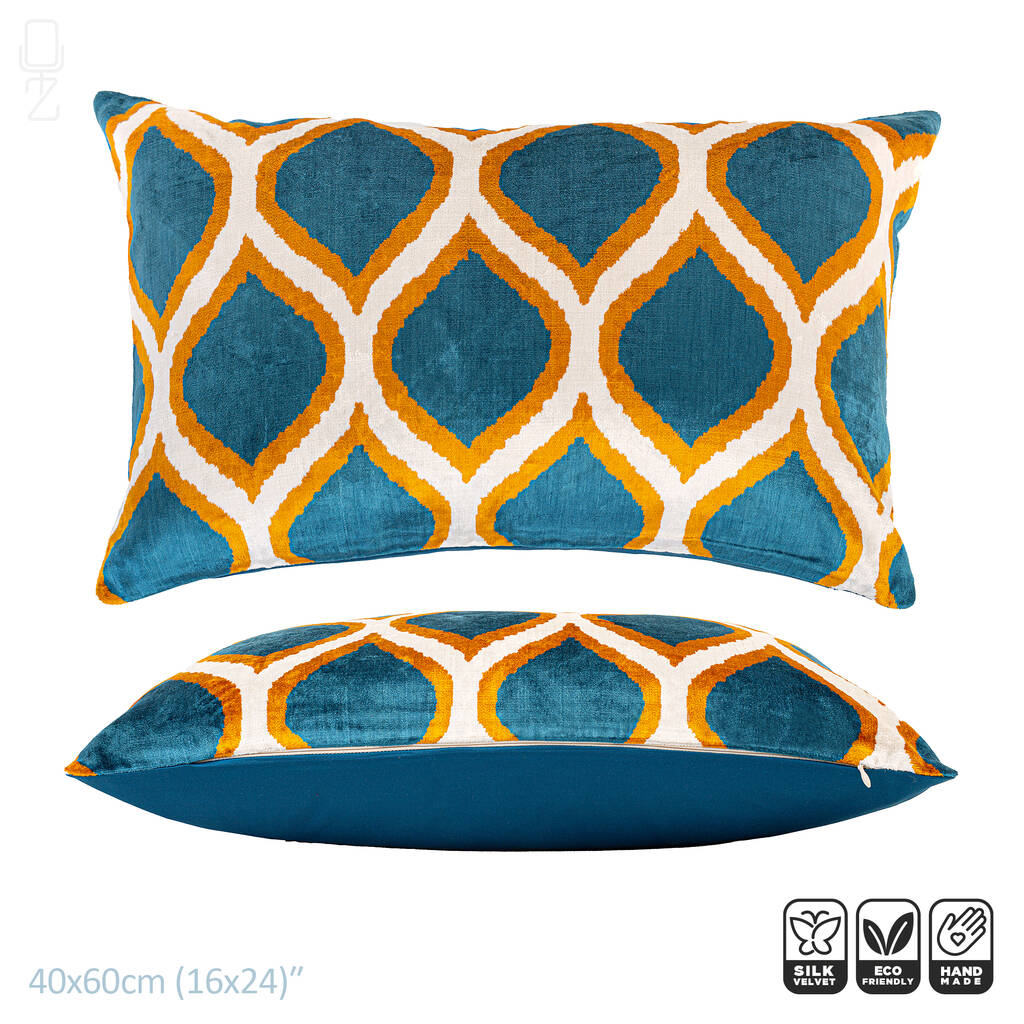 Ikat Velvet Cushion Cover With Blue And Yellow 40x60cm By