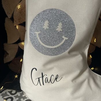 Personalised Glitter Smiley Face Christmas Stocking, 2 of 5