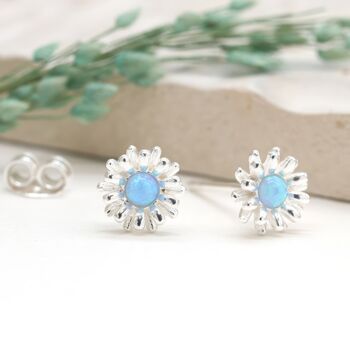 Sterling Silver Blue Opal Daisy Stud Earrings, 4 of 11