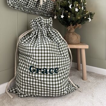 Personalised Green Gingham Gift Sack Embroidered, 6 of 12
