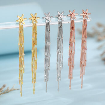 Snowflake Dangle Drop Stud Earrings In Sterling Silver With Sparkle Tassels, 3 of 10