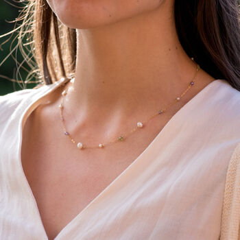 Dainty Peridot Zircon Pearl Chain Necklace, 6 of 12