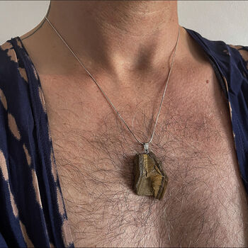 Mens 925 Silver Raw Tigers Eye Pendant Necklace, 2 of 3