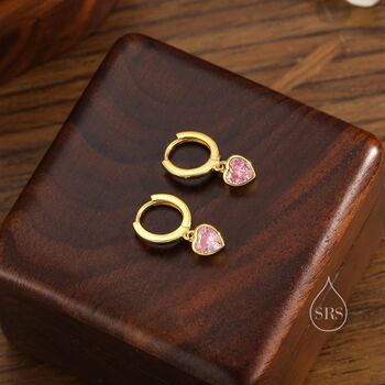 Sterling Silver Pink Cz Heart Huggie Hoop, 4 of 11