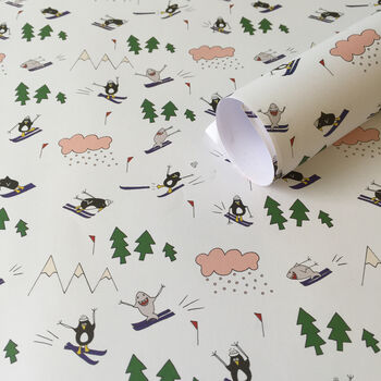 Penguin And Shark Go Skiing Christmas Wrapping Paper, 3 of 3
