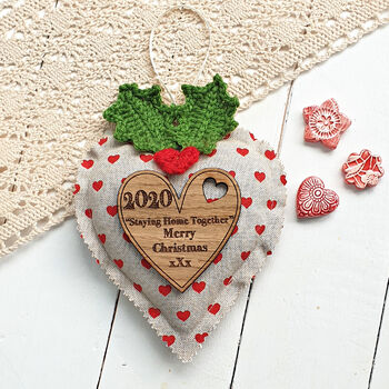 Personalised Holly Crochet Linen Christmas Heart, 4 of 4