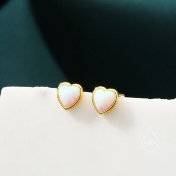 Sterling Silver White Opal Heart Screw Back Earrings, 2 of 11