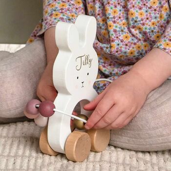 Personalised Wooden Pink Bunny Motor Pull Toy, 4 of 8