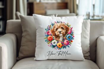 Personalised Cavapoo Summer Floral Dog Wreath Cushion And Mug Gift Bundle, 4 of 4